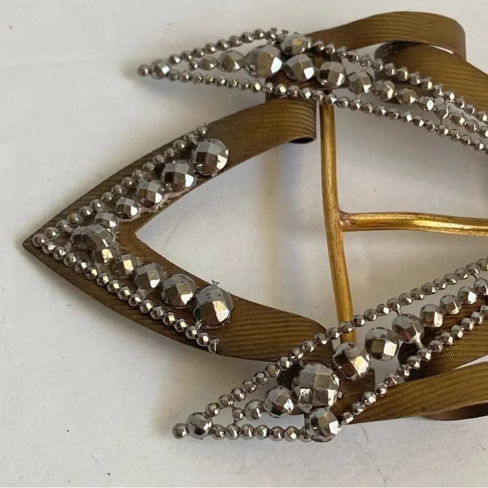 ART DECO Hematite Belt Buckle Brass Tone 1940s Vintage‎ Flapper Diamond Shape